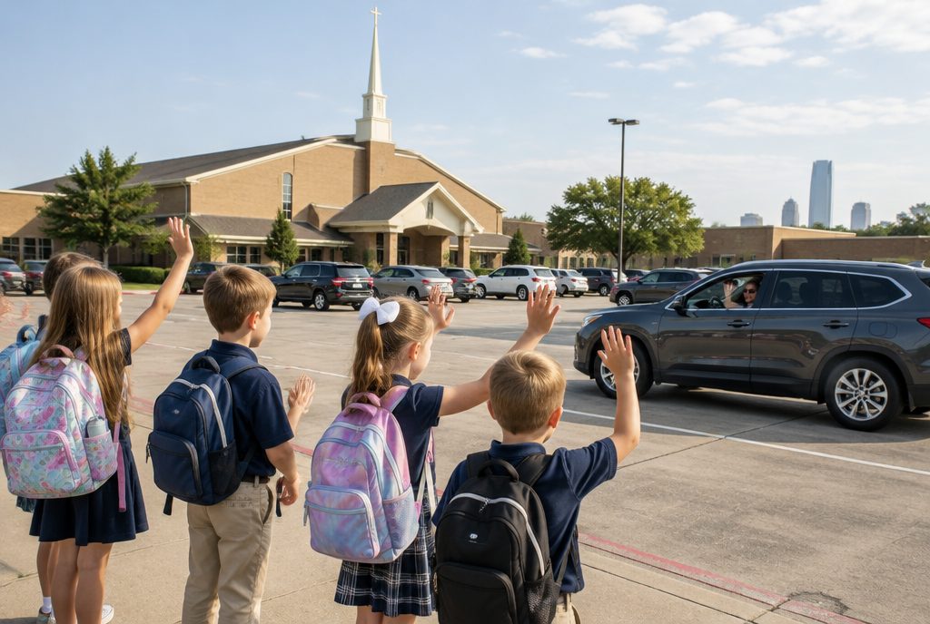 Children arriving at a church-run school building in central Oklahoma