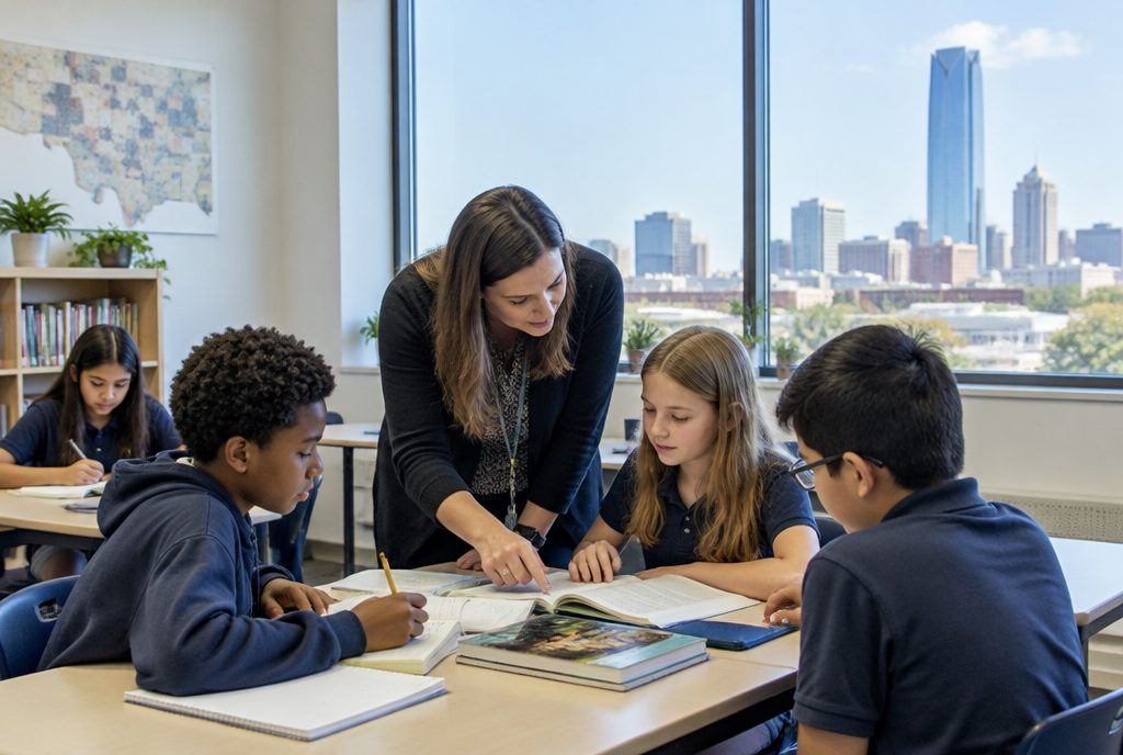 Students and a teacher working at tables in a small private school classroom in the Oklahoma City area