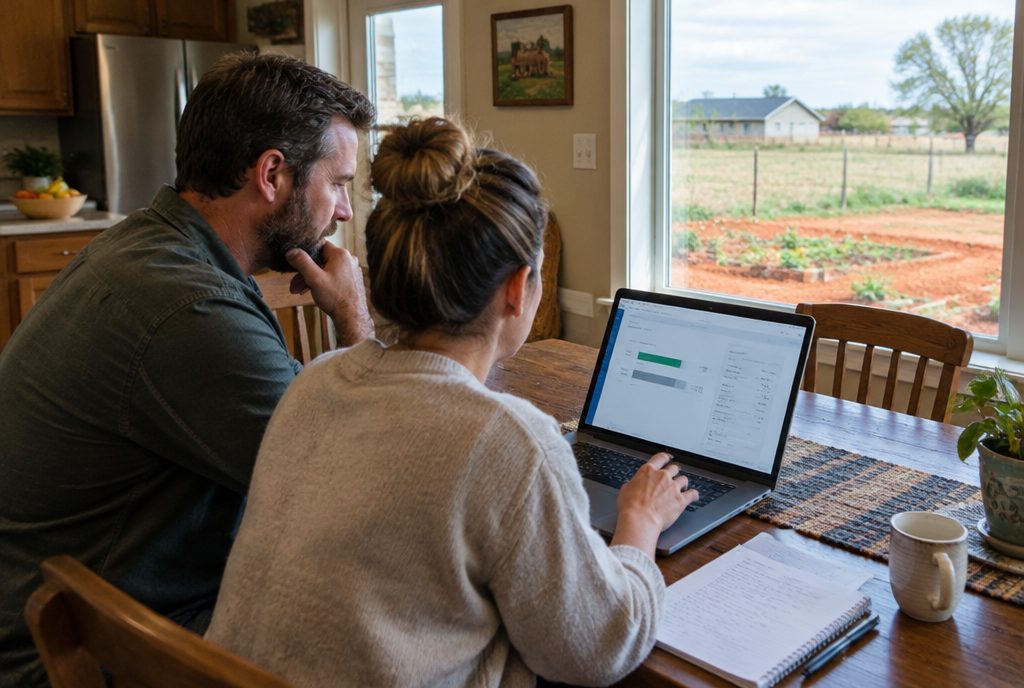 Oklahoma City parents at a kitchen table comparing a school tuition statement with a tax credit estimate